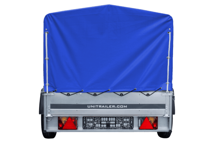 Auto Anhänger 230×125 Garden Trailer 230 KIPP Unitrailer 750 kg mit Stützrad, blauer Hochplane und Hochspriegel – Bild 2