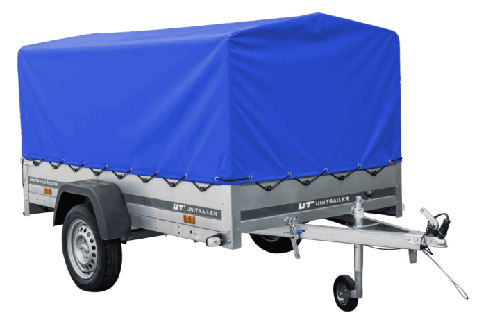Auto Anhänger 230×125 Garden Trailer 230 KIPP Unitrailer 750 kg mit Stützrad, blauer Hochplane und Hochspriegel – Bild 1