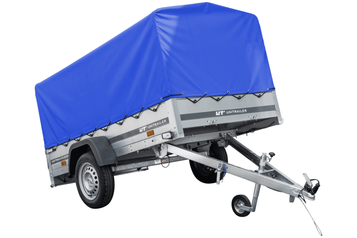 Auto Anhänger 230×125 Garden Trailer 230 KIPP Unitrailer 750 kg mit Stützrad, blauer Hochplane und Hochspriegel – Bild 3