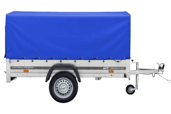 Auto Anhänger 230×125 Garden Trailer 230 KIPP Unitrailer 750 kg mit Stützrad, blauer Hochplane und Hochspriegel – Bild 4