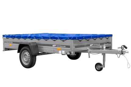 Einachsanhänger 264×150 UNITRAILER GARDEN 265 KIPP mit einem Flachplanenträger und blauer Plane