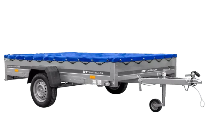 Einachsanhänger 264×150 UNITRAILER GARDEN 265 KIPP mit einem Flachplanenträger und blauer Plane – Bild 1
