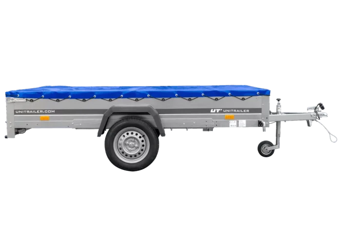Einachsanhänger 264×150 UNITRAILER GARDEN 265 KIPP mit einem Flachplanenträger und blauer Plane – Bild 3
