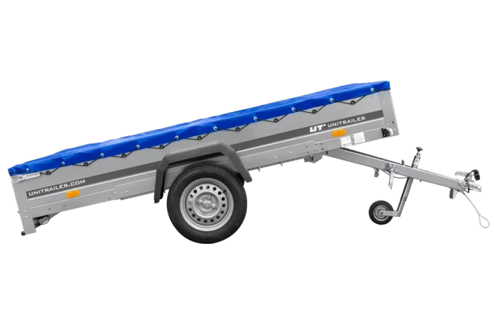 Einachsanhänger 264×150 UNITRAILER GARDEN 265 KIPP mit einem Flachplanenträger und blauer Plane – Bild 4