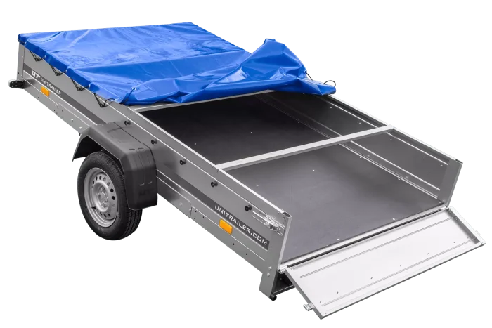 Einachsanhänger 264×150 UNITRAILER GARDEN 265 KIPP mit einem Flachplanenträger und blauer Plane – Bild 5